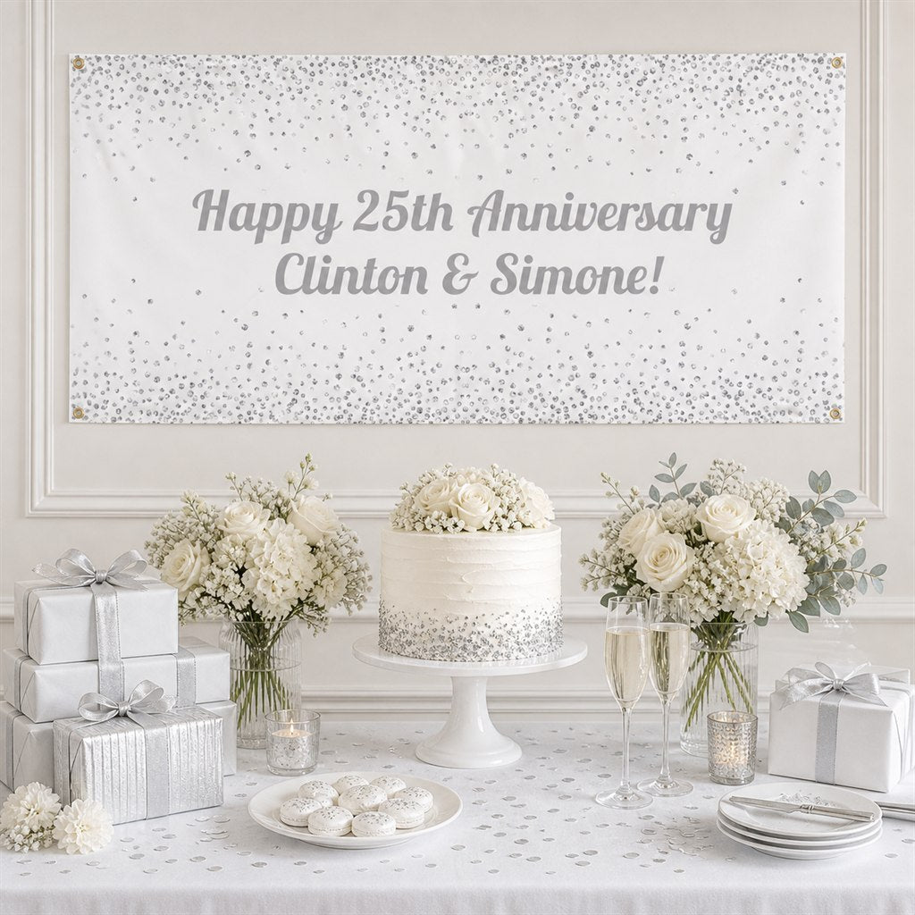 White and silver confetti wedding anniversary decorations with personalised banner and dessert table