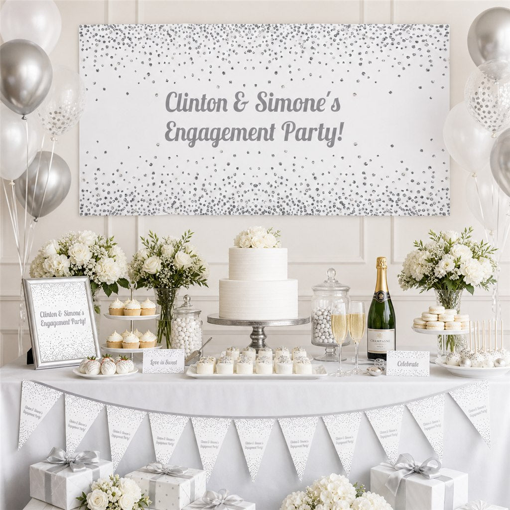White and silver engagement party dessert table with Clinton and Simone’s personalised banner, cake, balloons and matching decorations.