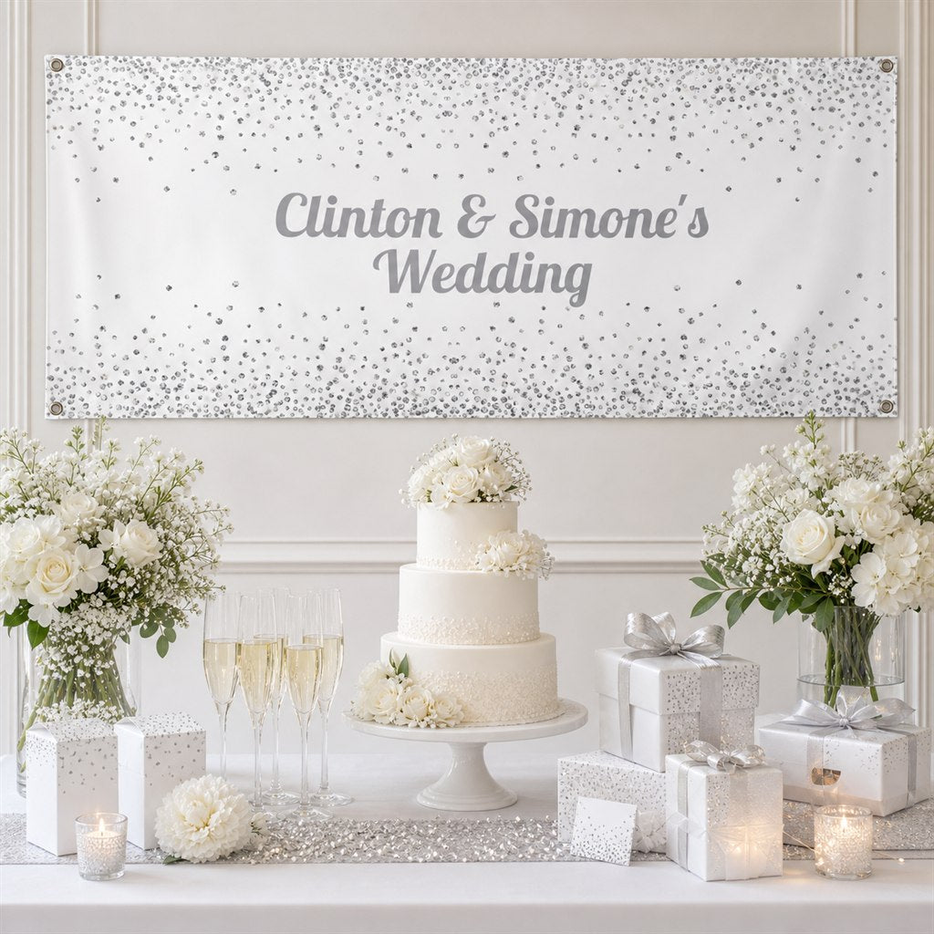 White and silver confetti wedding decorations with personalised banner and reception table
