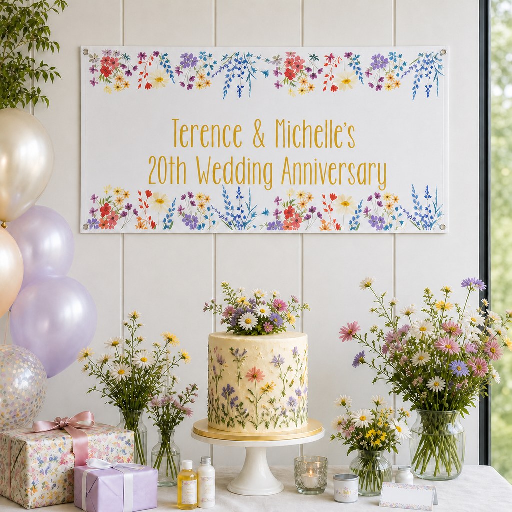 Wildflowers Wedding Anniversary Decorations with a personalised banner, coordinated cake, colourful wildflowers, pastel gifts and bright table styling.