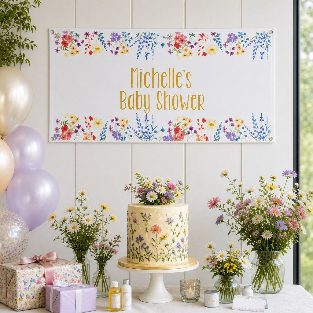 Wildflowers Baby Shower Decorations with a personalised banner, coordinated cake, colourful wildflowers, pastel gifts and bright table styling.