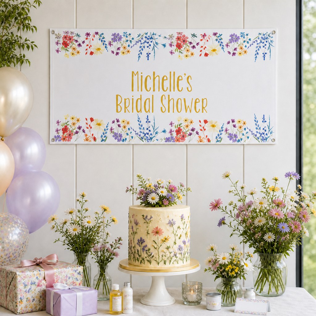 Wildflowers Bridal Shower Decorations with a personalised banner, coordinated cake, colourful wildflowers, pastel gifts and bright table styling.