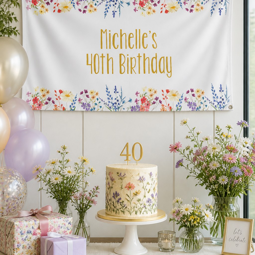 Wildflower fortieth birthday setup with Michelle's personalised floral banner and matching pressed flower cake