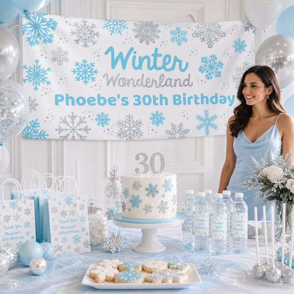 Personalised Winter Wonderland 30th birthday decorations with Phoebe's snowflake banner and matching cake