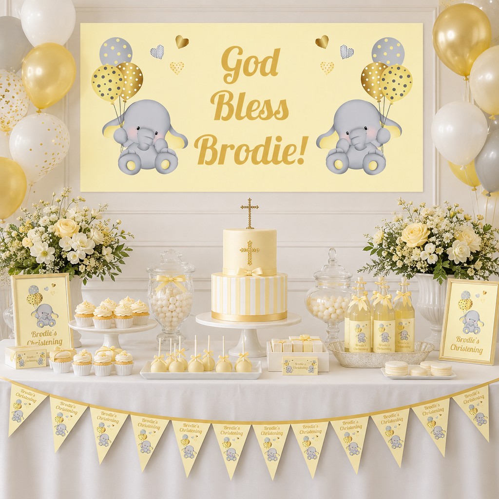 Yellow elephant christening dessert table with Brodie's personalised banner, cake, balloons and matching blue and yellow party decorations.