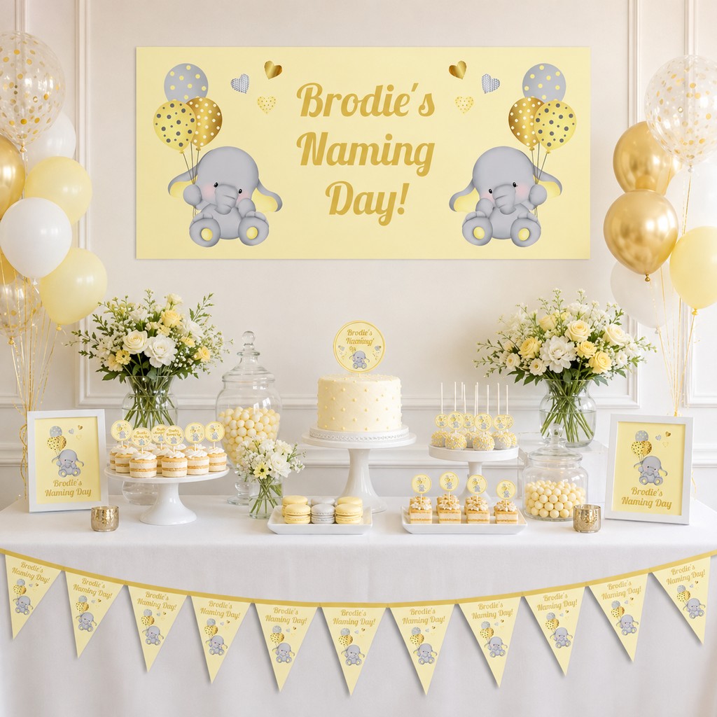 Yellow elephant naming day dessert table with Brodie's personalised banner, cake, balloons and matching blue and yellow party decorations.