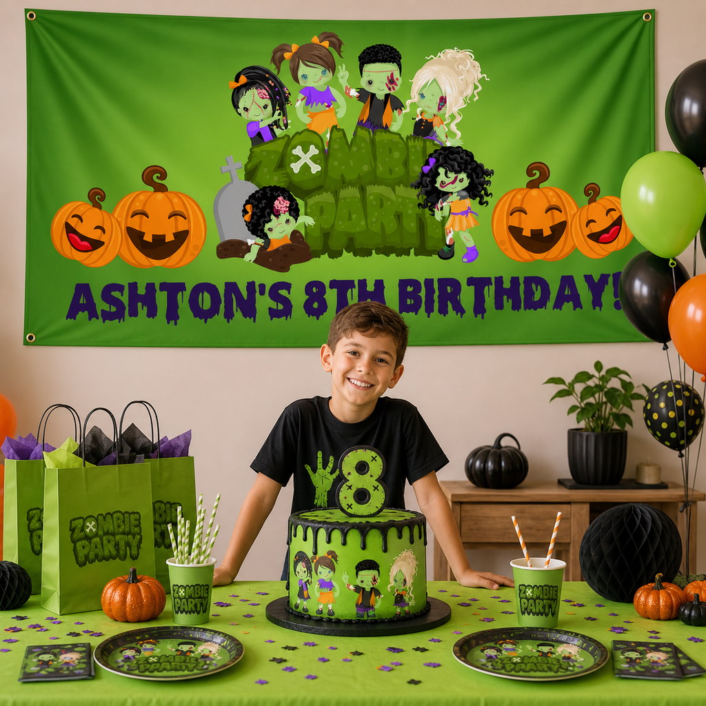 Personalised zombie 8th birthday decorations with Ashton's green banner and matching cake