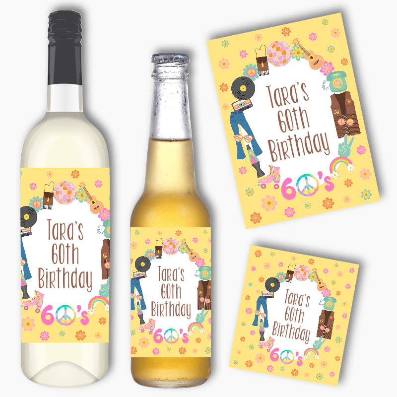 Personalised 60s Birthday Party Wine &amp; Beer Labels