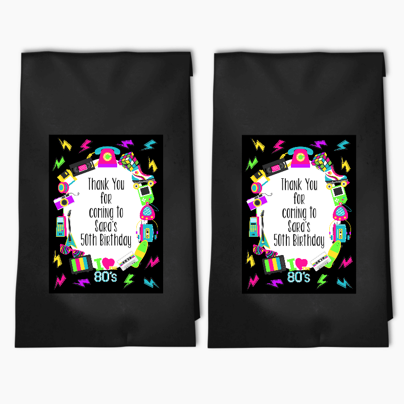 Personalised 80s Birthday Party Bags & Labels