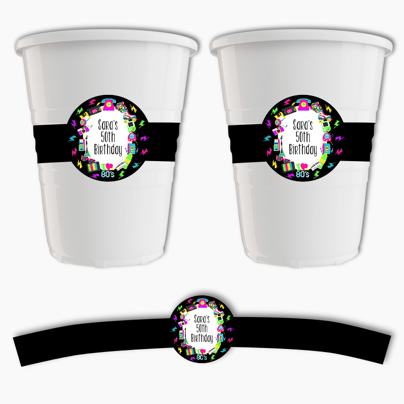 Personalised 80s Birthday Party Cup Stickers