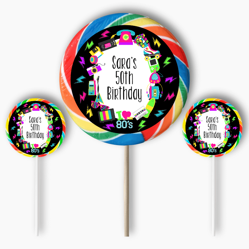 Personalised 80s Birthday Party Round Stickers