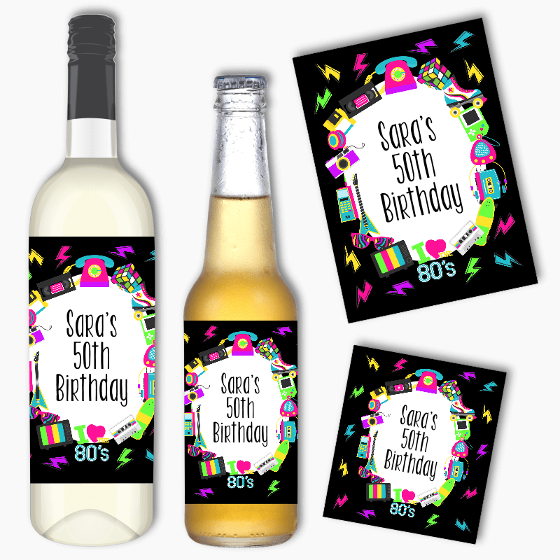 Personalised 80s Birthday Party Wine &amp; Beer Labels