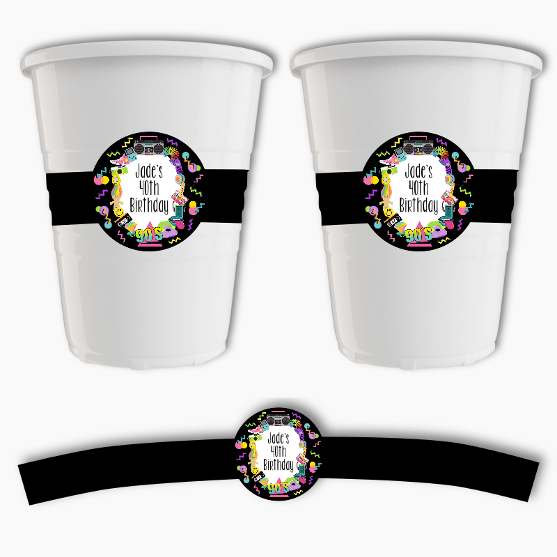 Personalised 90s Birthday Party Cup Stickers