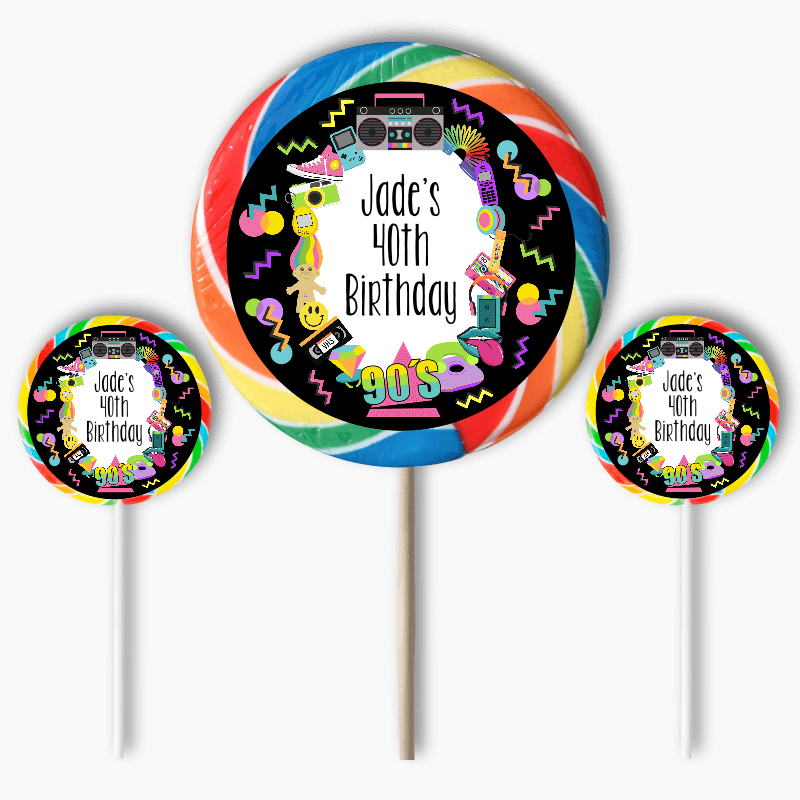 Personalised 90s Birthday Party Round Stickers