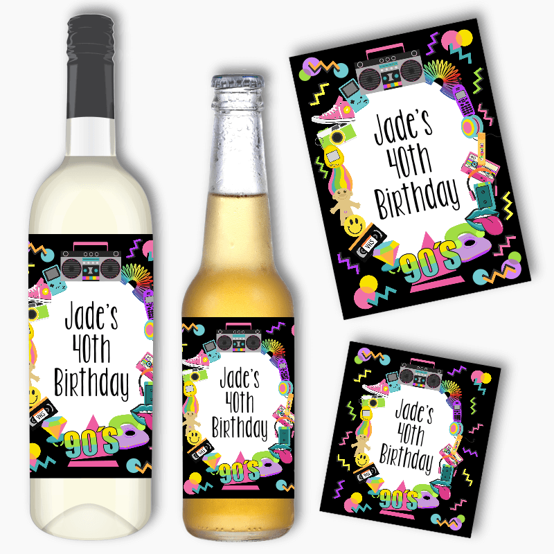 Personalised 90s Birthday Party Wine &amp; Beer Labels