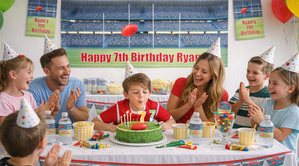 Children's birthday party with cake and balloons in a sports arena setting