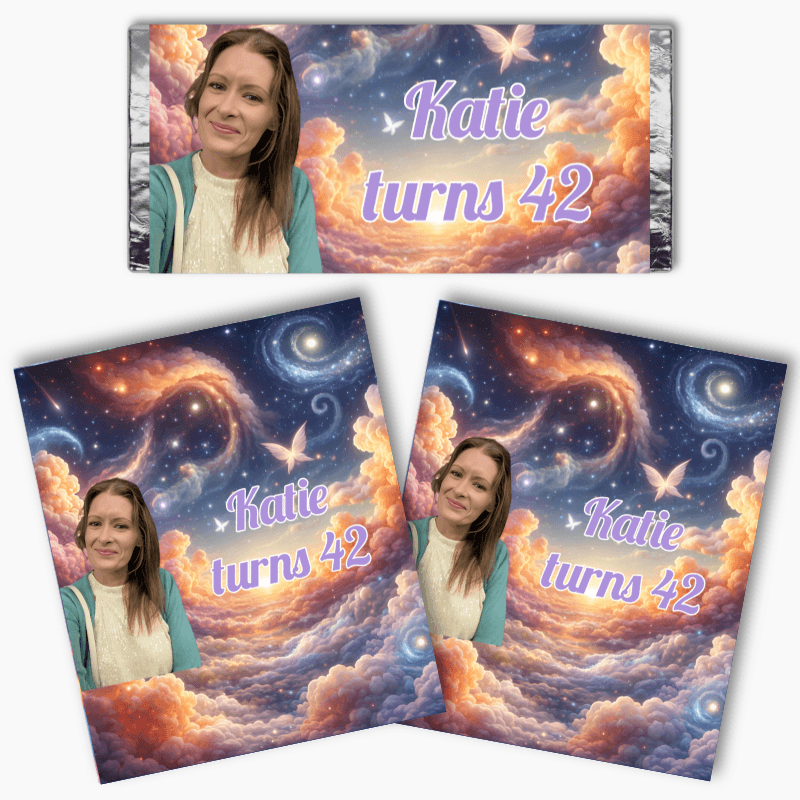 Personalised AI photo mini chocolate labels with custom photo and “Katie turns 42” design in fantasy sky theme