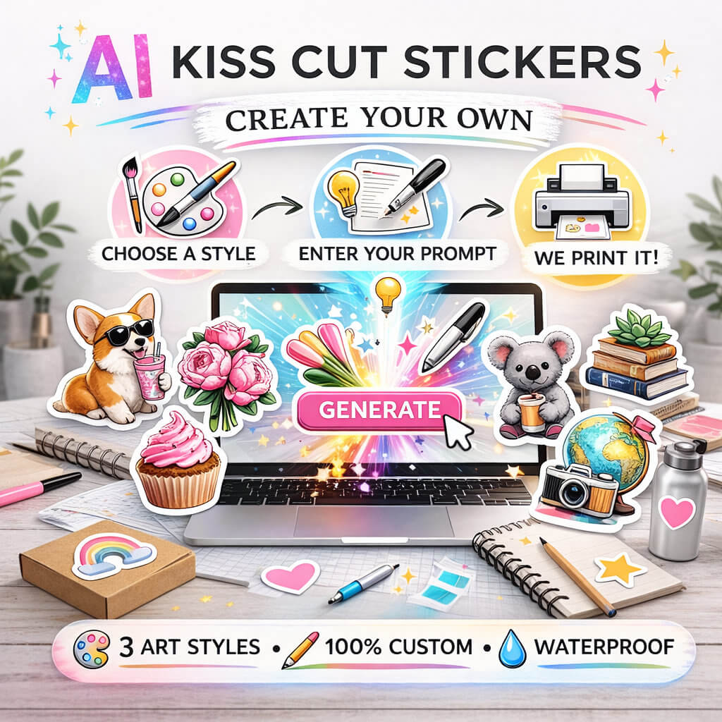 AI generated kiss cut stickers create your own custom stickers choose style enter prompt laptop mockup waterproof vinyl stickers Australia