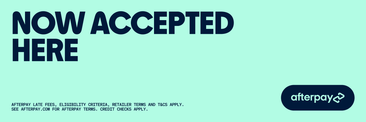 Promotional banner for Afterpay indicating that their services are now accepted, with a teal background and Afterpay logo.