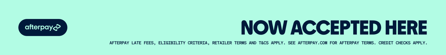 Afterpay logo with text 'NOW ACCEPTED HERE' on a teal background