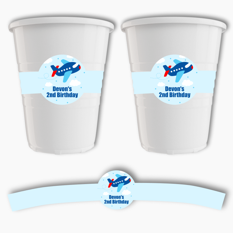 Personalised Airplane Birthday Party Cup Stickers