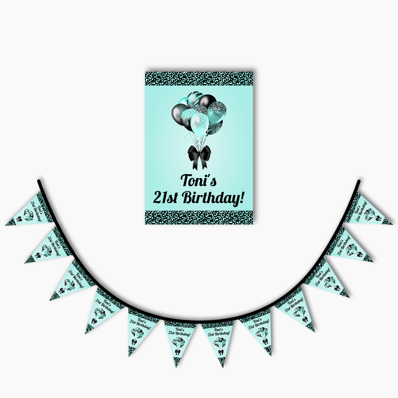Personalised Aqua &amp; Black Balloons Party Poster &amp; Bunting Combo