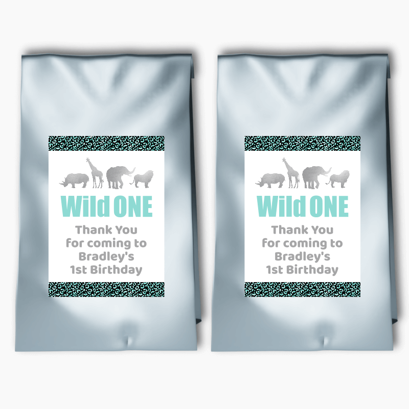Personalised Aqua &amp; Silver Wild One Party Bags &amp; Labels