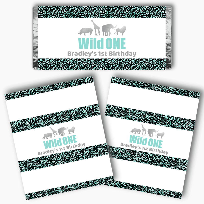 Personalised Aqua &amp; Silver Wild One Party Mini Chocolate Labels