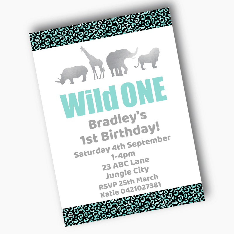 Personalised Aqua & Silver Wild One Birthday Party Invites