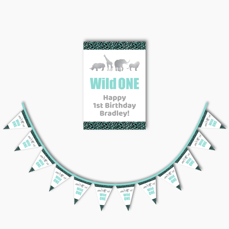 Personalised Aqua &amp; Silver Wild One Party Poster &amp; Bunting Combo