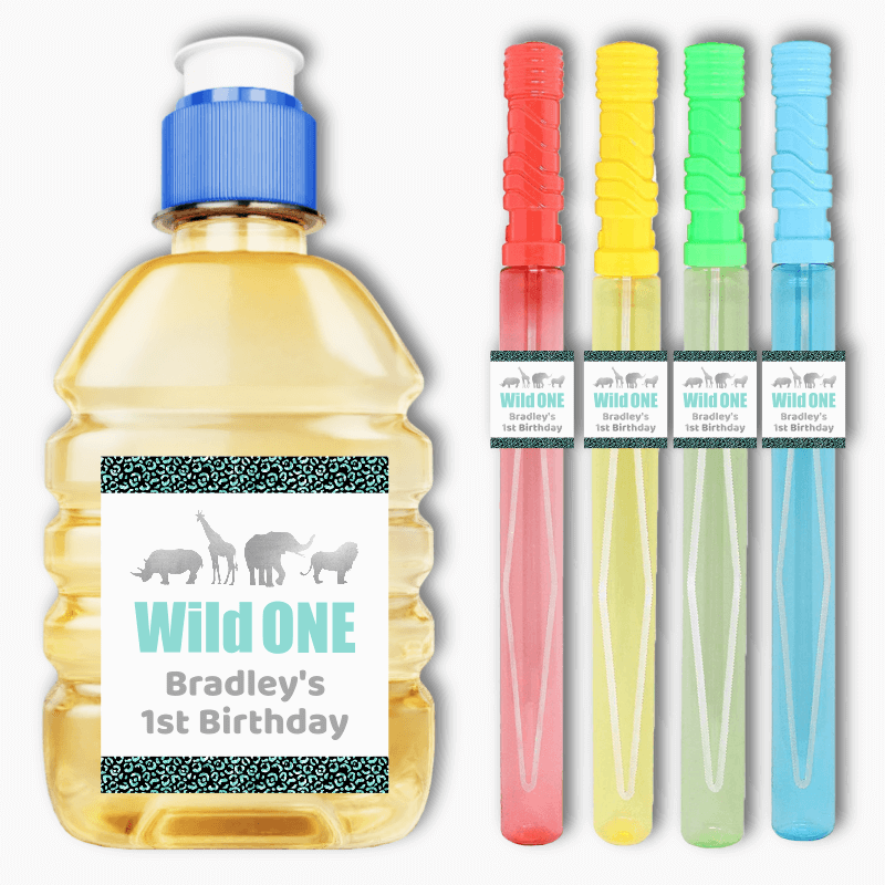 Personalised Aqua & Silver Wild One Party Rectangle Stickers