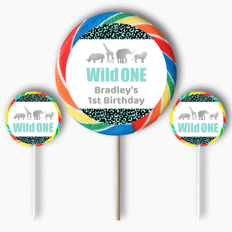 Personalised Aqua &amp; Silver Wild One Party Round Stickers