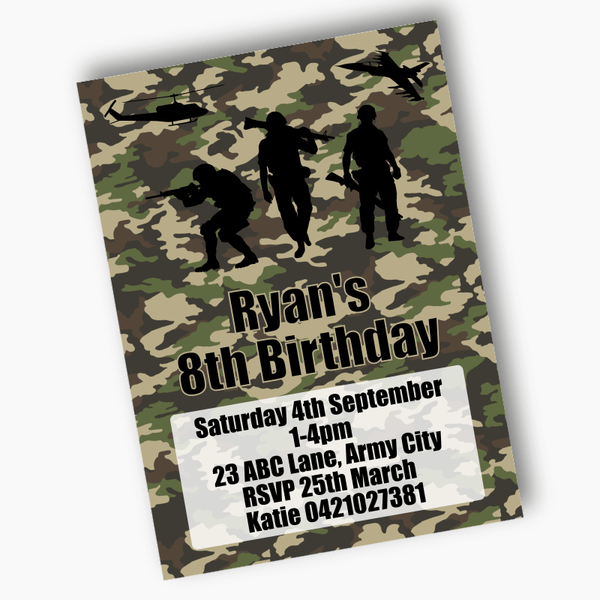 Personalised Army and Camouflage Birthday Party Invitations - Katie J ...