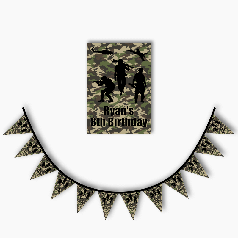 Personalised Army and Camouflage Party Poster &amp; Bunting Combo