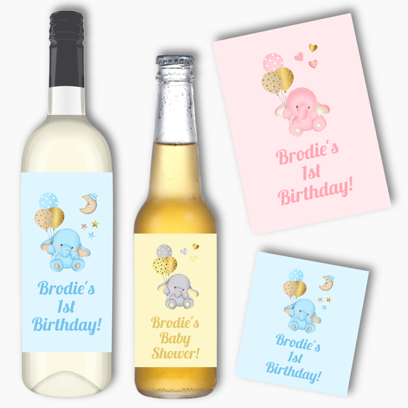 Baby Elephant Party Wine &amp; Beer Labels