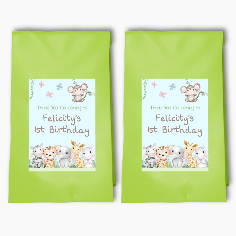 Personalised Baby Jungle Animals Party Bags &amp; Labels