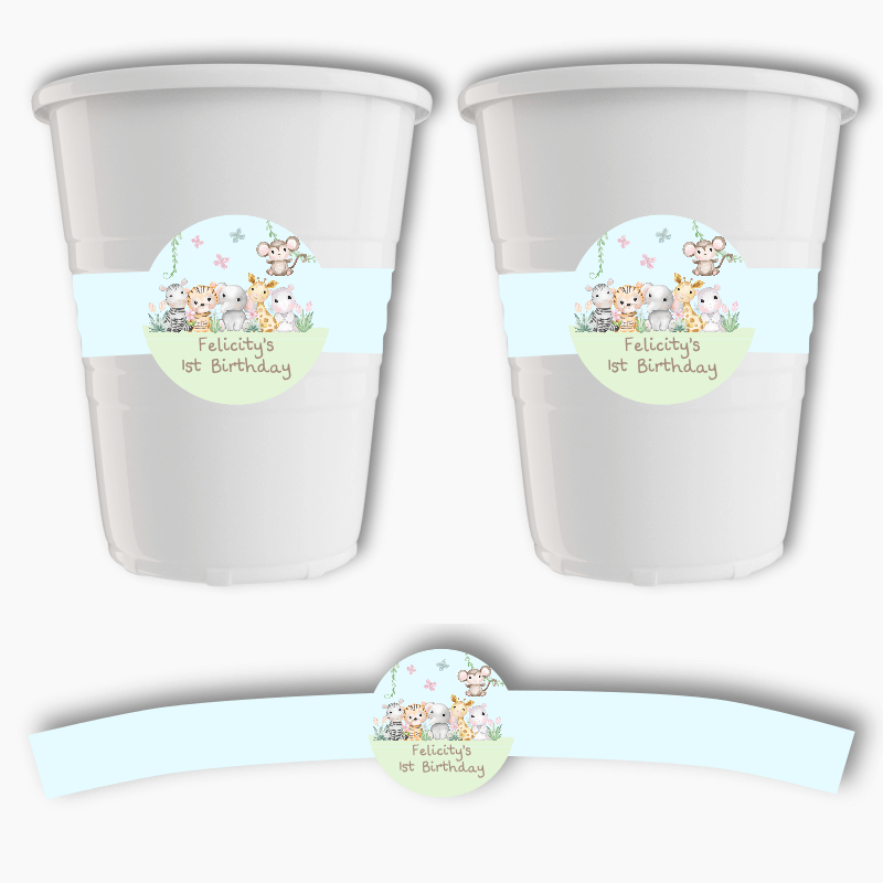 Personalised Baby Jungle Animals Party Cup Stickers