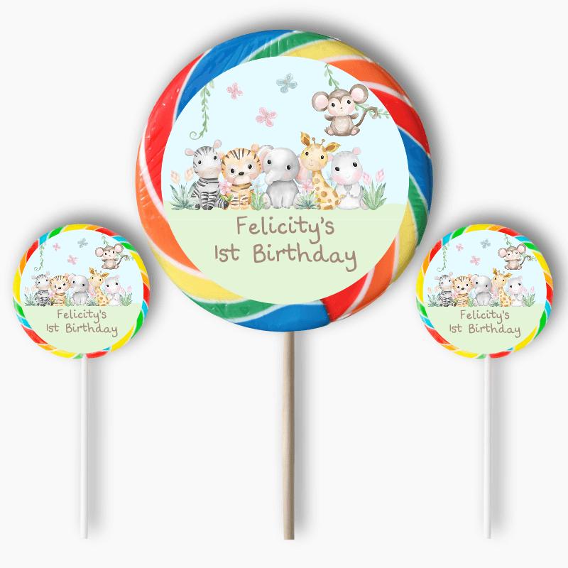 Personalised Baby Jungle Animals Party Round Stickers