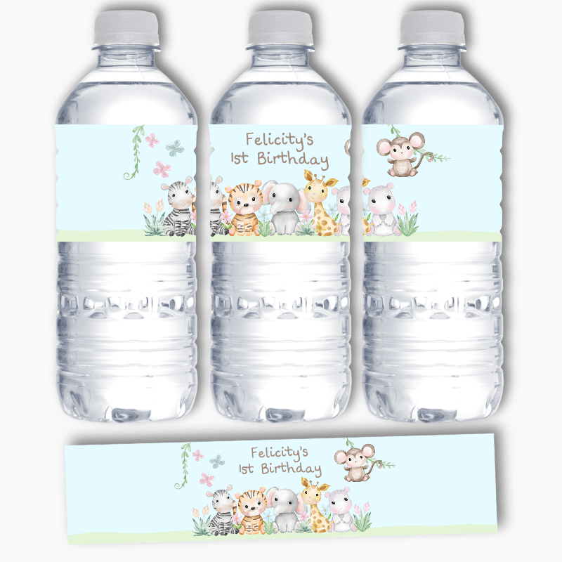 Personalised Baby Jungle Animals Party Water Labels