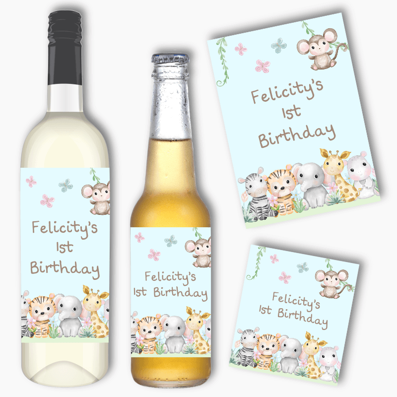 Personalised Baby Jungle Animals Wine &amp; Beer Labels