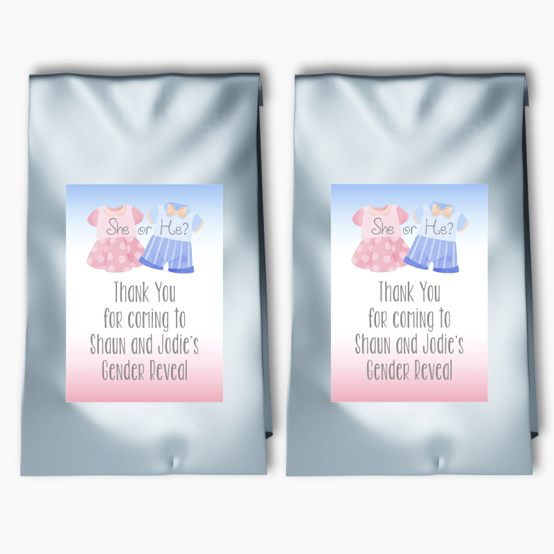 Personalised Baby Outfits Gender Reveal Party Bags & Labels