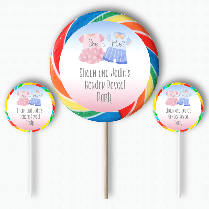 Personalised Baby Outfits Gender Reveal Party Round StickersPersonalised Baby Outfits Gender Reveal Party Round Stickers