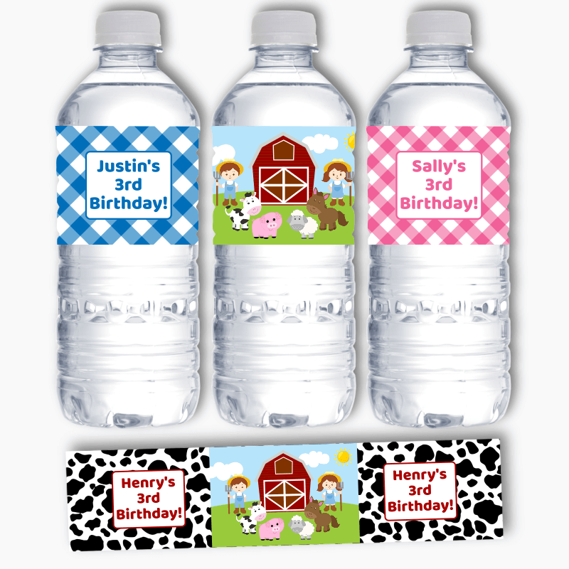 Personalised Barnyard Farm Animals Party Water Bottle Labels