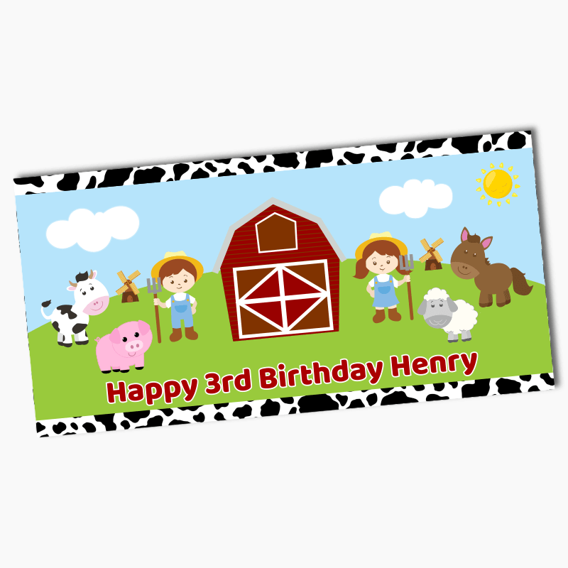 Personalised Barnyard Farm Animals Birthday Party Banners - Red Gingham