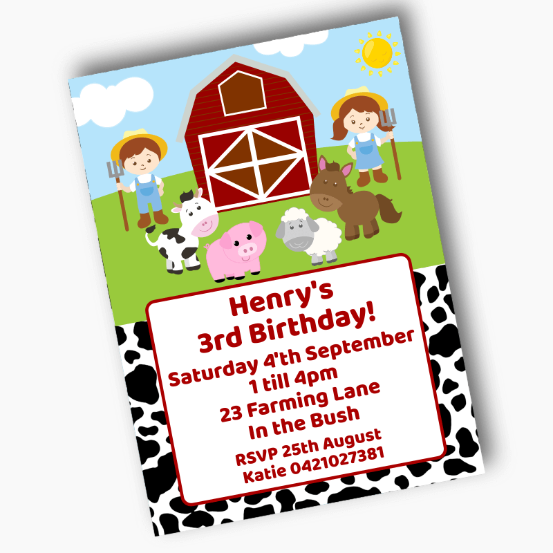 Personalised Barnyard Farm Animals Birthday Party Invites - Cowprint