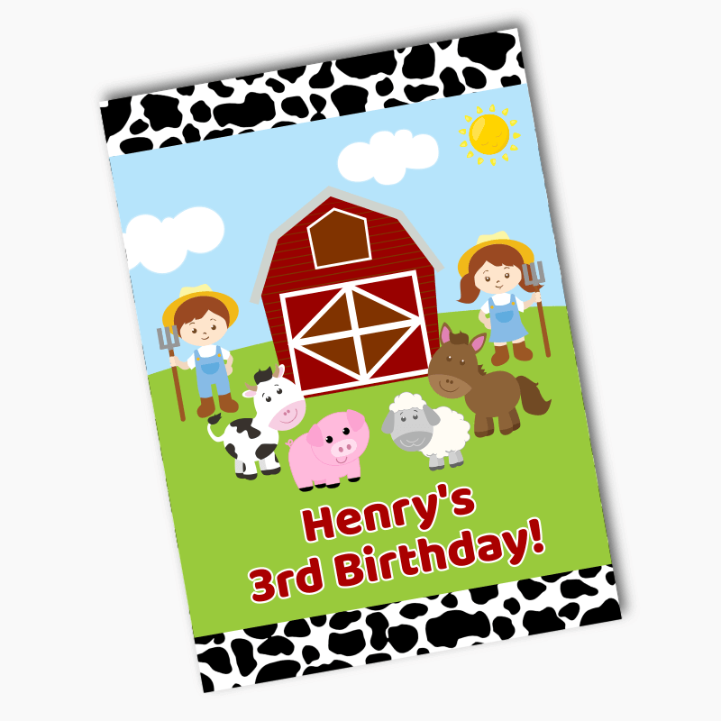 Personalised Barnyard Farm Animals Birthday Party Posters - Cowprint