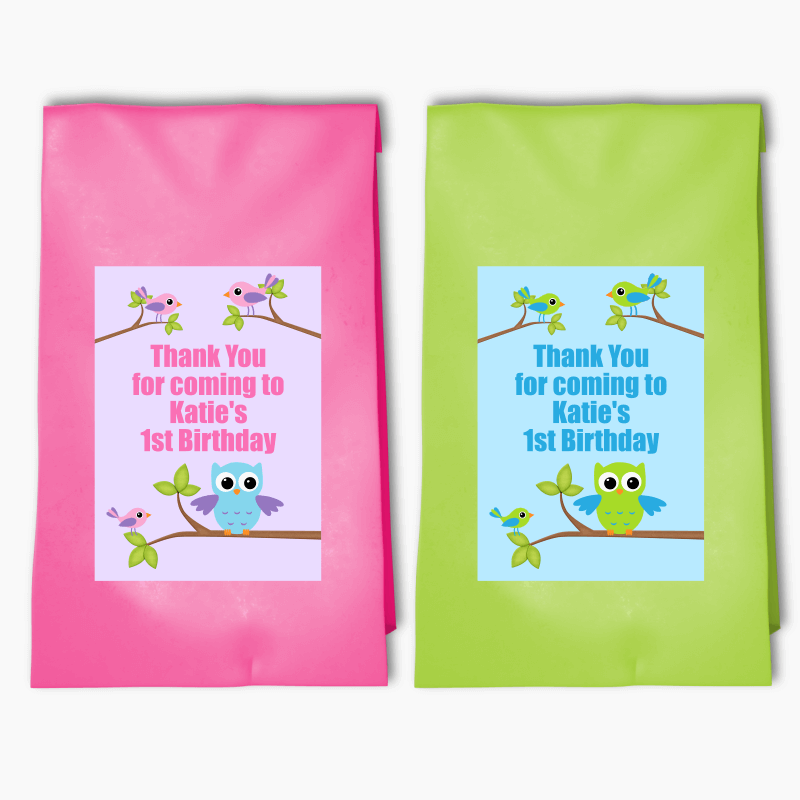 Personalised Birds &amp; Owl Party Bags &amp; Labels