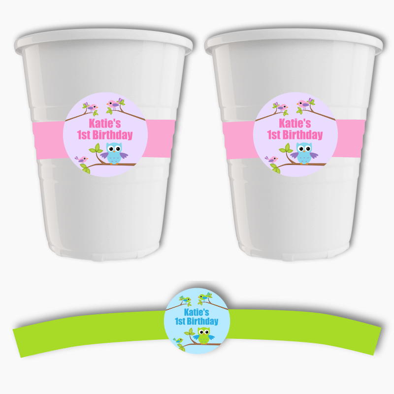 Personalised Birds &amp; Owl Party Cup Stickers