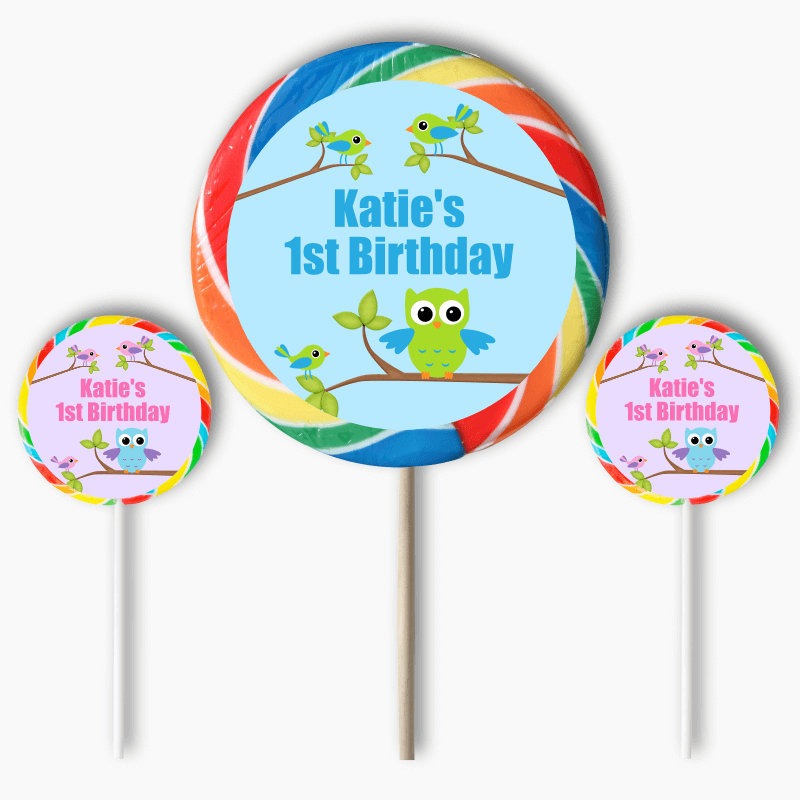 Personalised Birds &amp; Owl Party Round Stickers