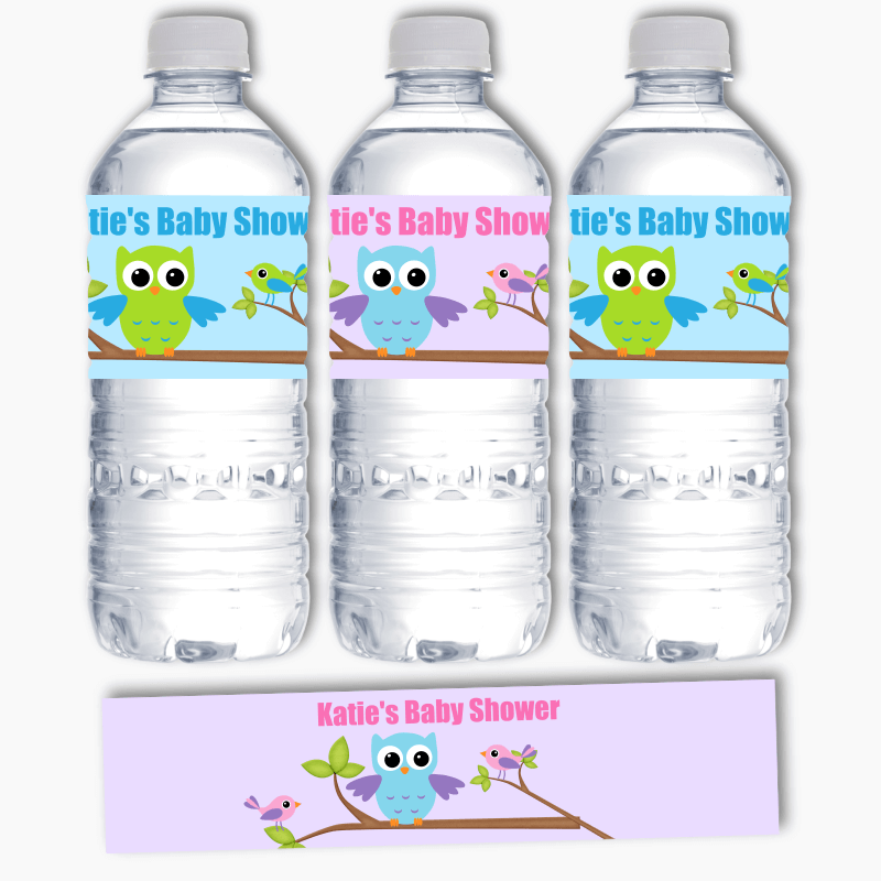 Personalised Birds &amp; Owl Party Water Bottle Labels